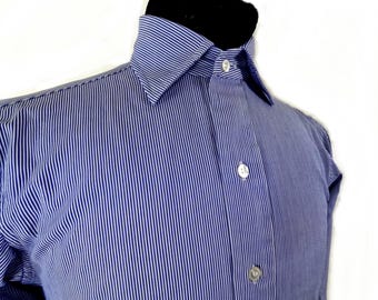 1980s Luxury Blue and White Needle Pinstripe Cotton Shirt by Budd Shirtmakers Size XS/S