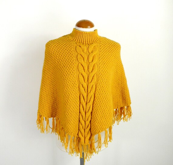 1980s Ochre Yellow Kids Hand Knit Cable Knit Wool… - image 1