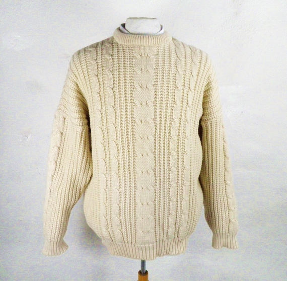 1980s Natural Cream Chunky Knit Cable Knit Aran Wo