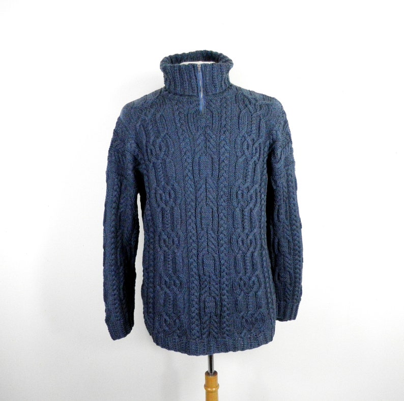 70s Blue and Grey Hand Knit Intricate Cable Knit Wool Blend Roll Neck