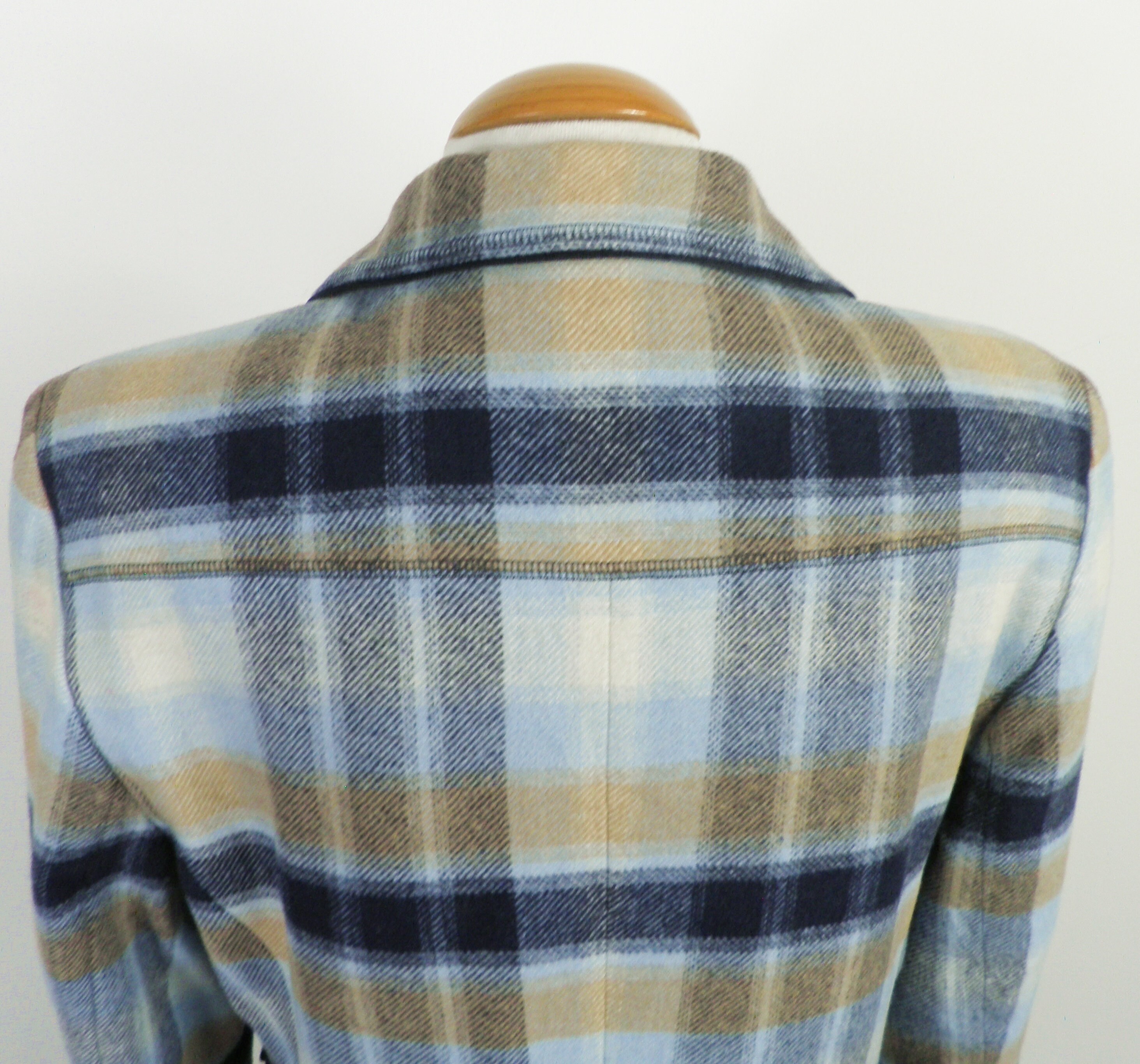 1980s Blue Black and Beige Check Fitted Wool Blazer Jacket by Pier