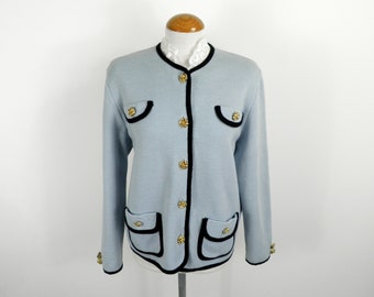 1970s Cute French Pale Blue Lambswool Cardigan with Navy Trim by Chassagnard Size M  Classic Boho Chic Art