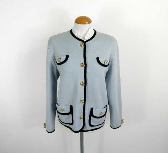 1970s Cute French Pale Blue Lambswool Cardigan wi… - image 1