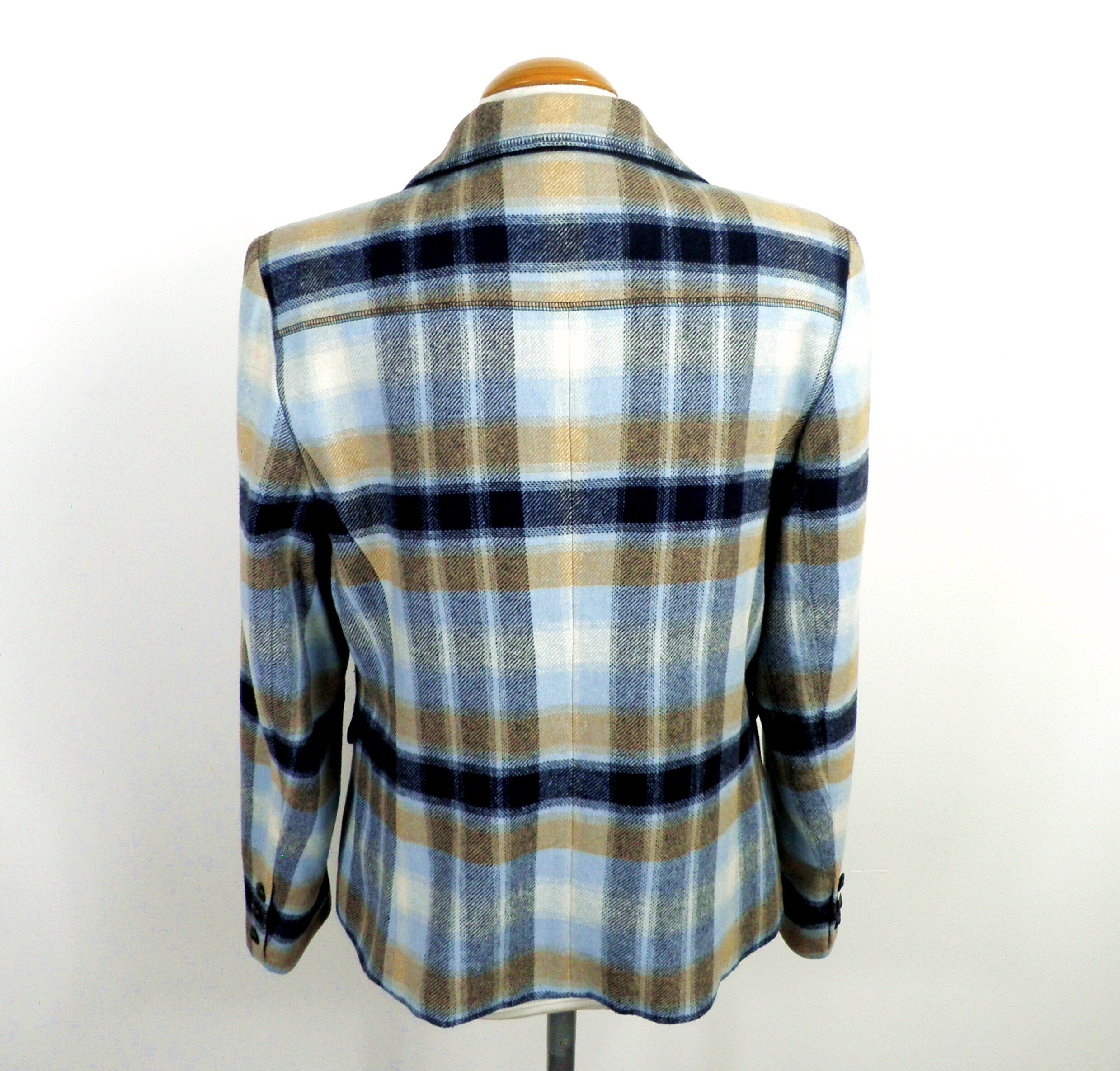 1980s Blue Black and Beige Check Fitted Wool Blazer Jacket by Pier