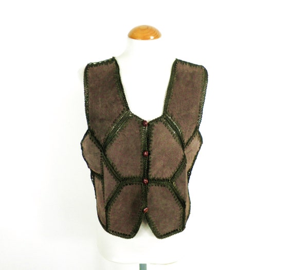 1970s Rich Dark brown Leather and Crochet Patchwo… - image 1