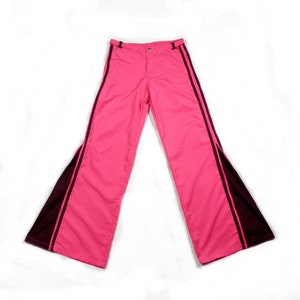1990s Silky Hot Pink Raver Zip Flared Pants with Maroon Stripes and Inserts by Toasta Size  S W 29 IL 30  Rave Dance Festival Boho Art Punk