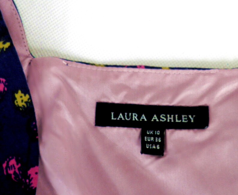 1990s Laura Ashley Navy Blue Fuschia and Yellow Floral Ruched and ...
