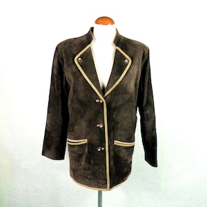 1970s dunkelbraune Wildleder Trachtenjacke mit Stehkragen von RS Langut Größe S UK 44 Made in Austria Woodland Fantasy Boho