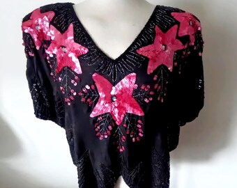 1970s Gorgeous Black Sequined Silk Top with Pink Stars by Paugi Soir  Size S  UK 8 - 10 Cocktail  Fantasy Fairy Tale Boho