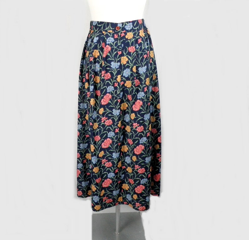 1980s Liberty Print New Blue Pink and Orange on Navy Floral Peasant Long Skirt by Marion Donaldson Size S UK 10 Made in England Boho image 4