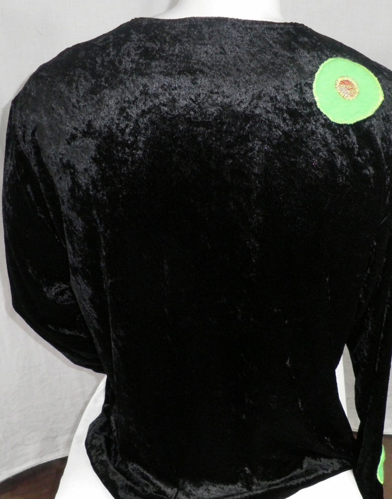 Mens Black Velour Velvet Long Sleeved Top Applique Neon Green Fun Fur Spots Size M / L by Corybant Original One Off image 2