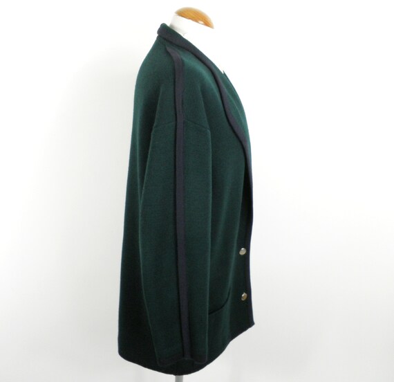 1970s Dark Forest Green and Navy Wool Cardigan wi… - image 6