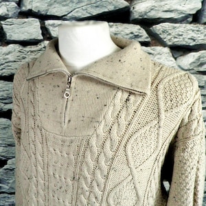 1980s Oatmeal Cable Knit Acrylic Zip Neck Jumper with Turtle Neck by Steve Sportswear Size XXL  Classic Country Aran