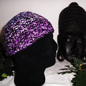 Purple Hand Crocheted Wool Beanie Hat  Size M Hippy Boho Unique