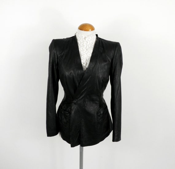 Y2k Rick Owens Luxury Designer Black Fine Leather Wrap Over V Neck