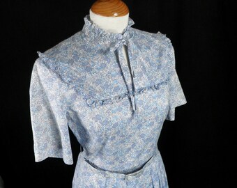 Vestido de tarde con cinturón de algodón Tana Lawn con estampado Liberty de los años 80 en azul y blanco, de Susan, talla pequeña S, Reino Unido 10, fabricado en Inglaterra, para mujer, clásico, de verano