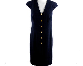 1980s Frank Usher Navy Blue Sailor Style Shift Dress with Cap Sleeves  Size M  UK 12 - 14  Boho Classic Chic  Sailing Business Smart