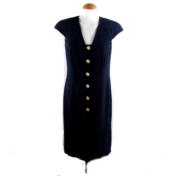 1980s Frank Usher Navy Blue Sailor Style Shift Dress with Cap Sleeves  Size M  UK 12 - 14  Boho Classic Chic  Sailing Business Smart