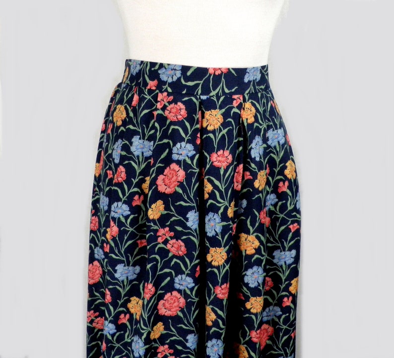 1980s Liberty Print New Blue Pink and Orange on Navy Floral Peasant Long Skirt by Marion Donaldson Size S UK 10 Made in England Boho image 2