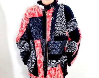 1990s One off Black Red & White Textural Patchwork Zipped Jacket  Size M by Corybant Abstract Original