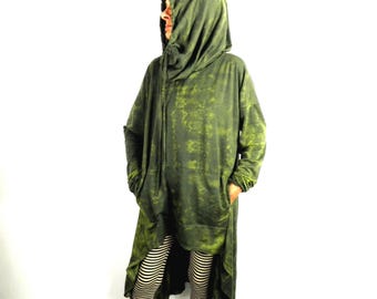 Green Tie Dyed Cotton Jersey Hooded Lagenlook Dress by JustIZ Size L / XL   Made in Wales One Off