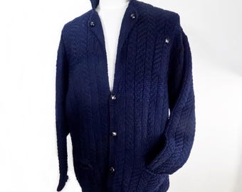 1980s Navy Blue Hand Knit Cable Knit Chunky Knit Wool Cardigan Jacket by Artwork London Size XXL Oversize Classic Country Aran  Traditional