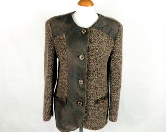 1970er Jahre Mid Brown strukturierte Wolle und dunkelbraun beunruhigt Leder Folk Jacke von Country Line Größe S UK 10 Wald Fantasy Boho