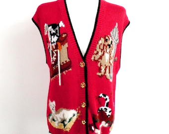 1980s Red, Dog and Cat, Hand Knit, Natural Fibre, Waistcoat by Orlando Size M To Fit Chest 38 - 40 inches  Unisex Vegan Boho Pet Lover
