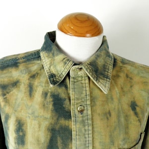 Tie Dye Cotton Corduroy Subtle Sand Blue and Palest Green Long Sleeved Shirt from JUSTIZ Size  M / L Made in Wales Boho Unique