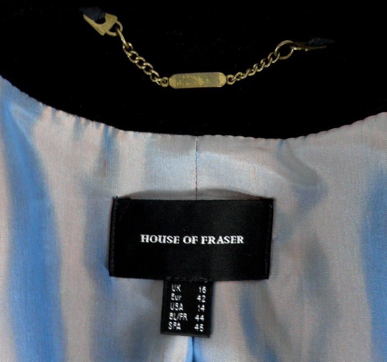 1980s Intense Black Tailored Wool and Cashmere 3 4 Coat with Velvet Collar by House of Fraser Size UK 16 Classic Traditional Boho Luxury