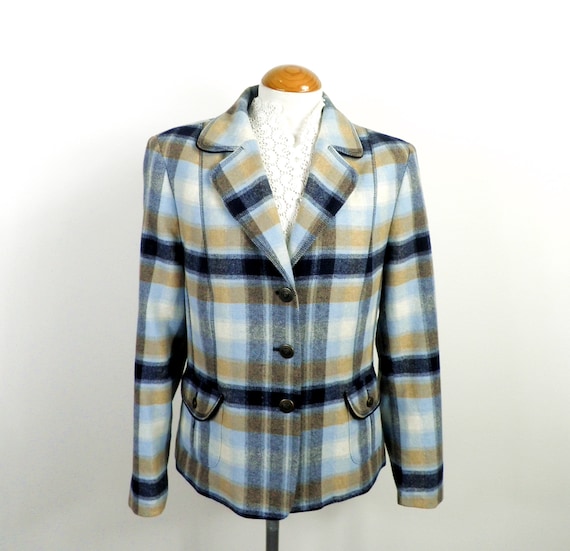 1980s Blue Black and Beige Check Fitted Wool Blazer Jacket