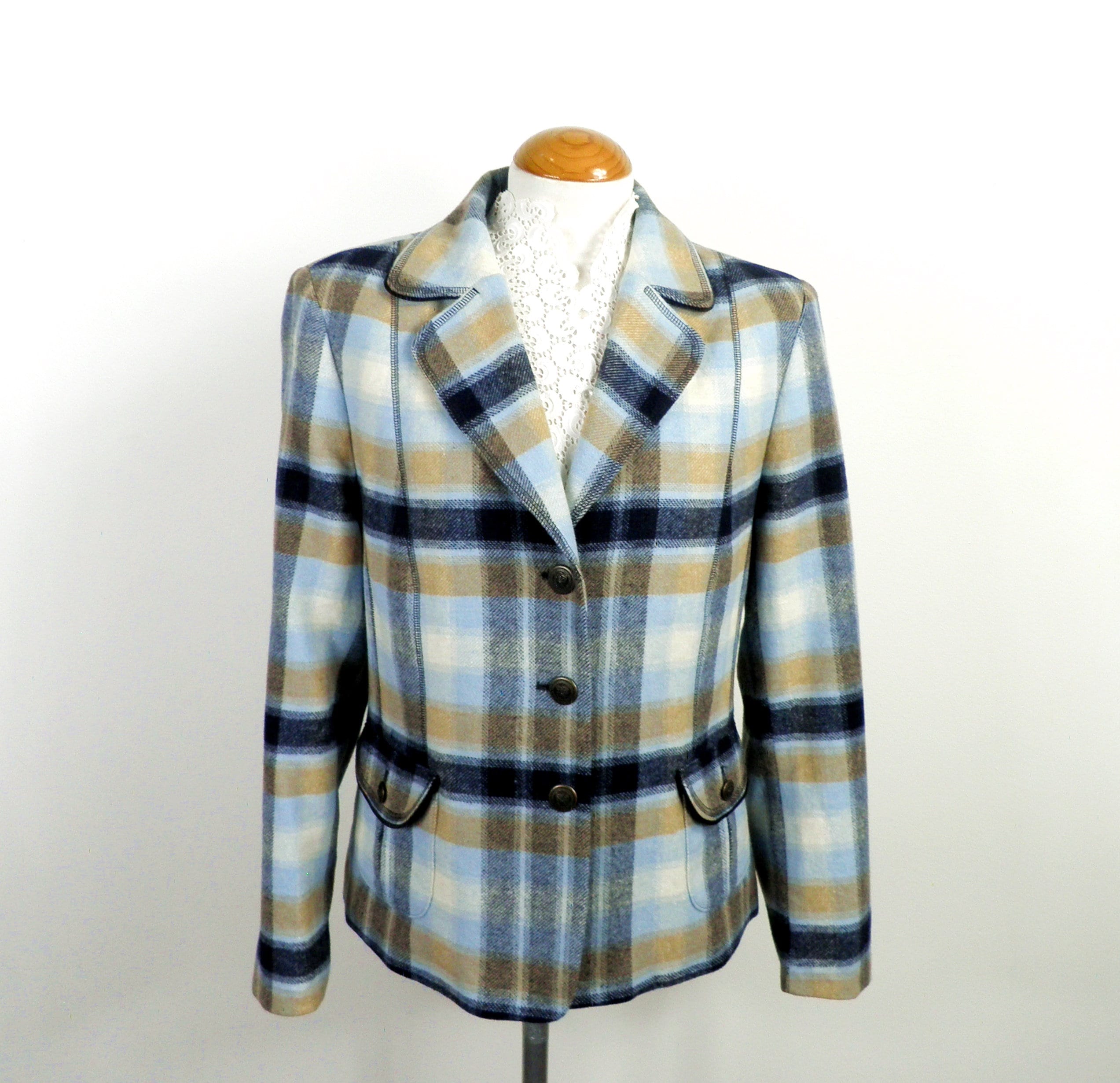 1980s Blue Black and Beige Check Fitted Wool Blazer Jacket by Pier