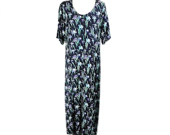 1980s Liberty New Purple and Turquoise Flowers on Dark Blue Long Tea Dress  Size L  UK 16 - 18