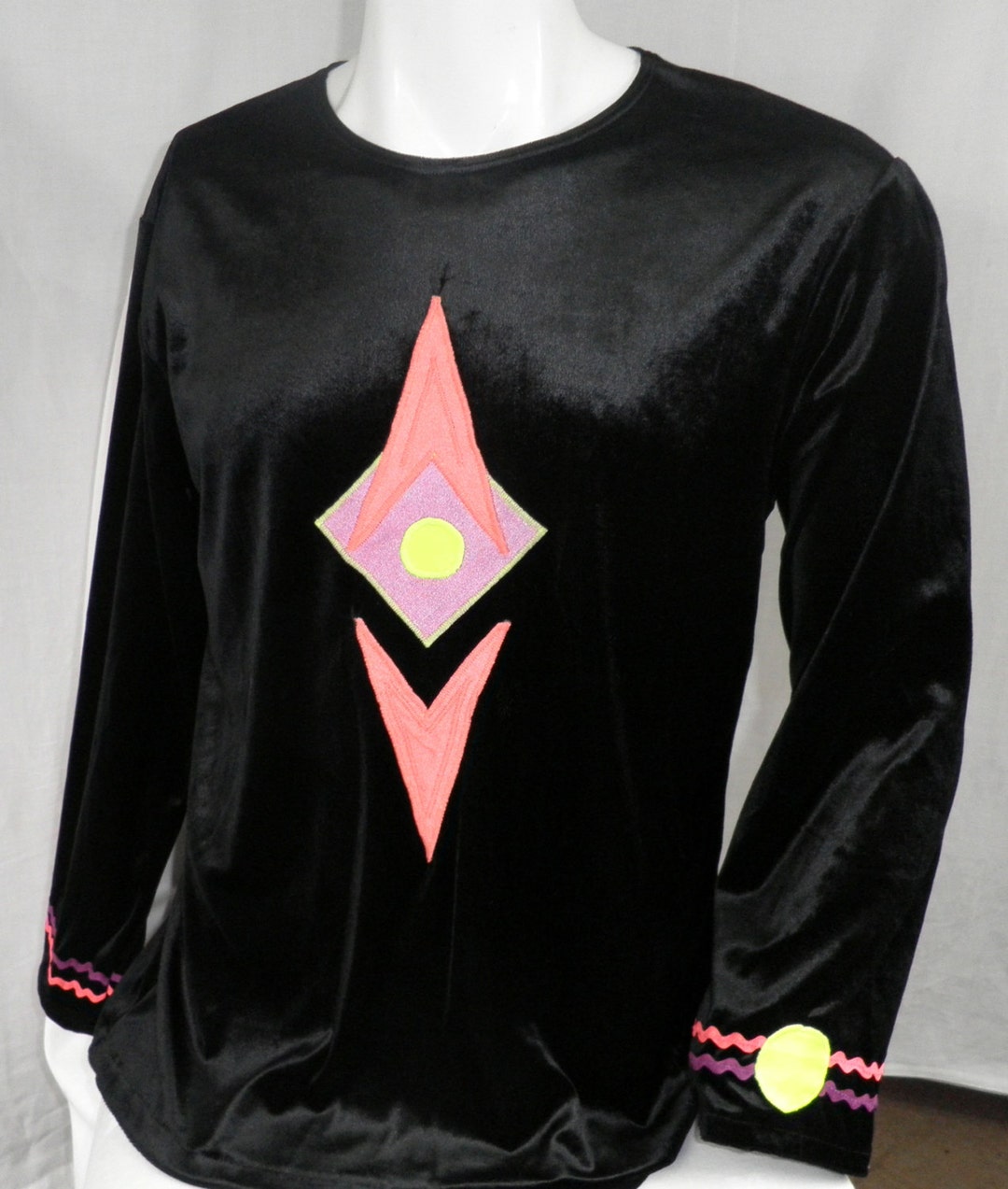 One off Black Velour Velvet T Shirt Appliqued Hand Painted Design One ...