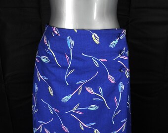 1980s Liberty Print New Vibrant Blue Floral Cotton Wrap Over Long Pencil Rock by Thomas and Jonathon Gr. XS UK 8 Made in England