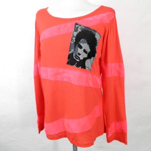 Red Cotton Long Sleeve T Shirt with Neon Bands of Red Chiffon and Syd Vicious Applique  Size M by Corybant  Boho Punk Art