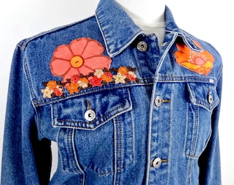 1980s Mid Blue Denim Applique Fabric Flowers Jean Jacket  by JustIZ Size L Chest 40-42 inches   Made in Wales Streetwear Boho Cool Unique