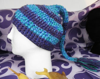 Purple Heather & Blue Green Wool Hand Crochet Pixie Fairy Hat  Size M - L