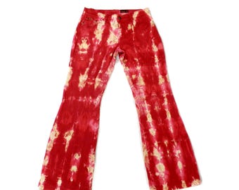 Bleach Dye Cotton Poppy Red Cream and Pink Boot Cut Jeans from JUSTIZ Size S / M  W 32 IL 31 Made in Wales Boho Unique Rave Dance