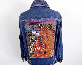 Vibrant Upcycled Klimt Embroidered Cotton Jean Jacket from JustIZ  Size S UK 12 Made in Wales Boho Reworked Unique Art