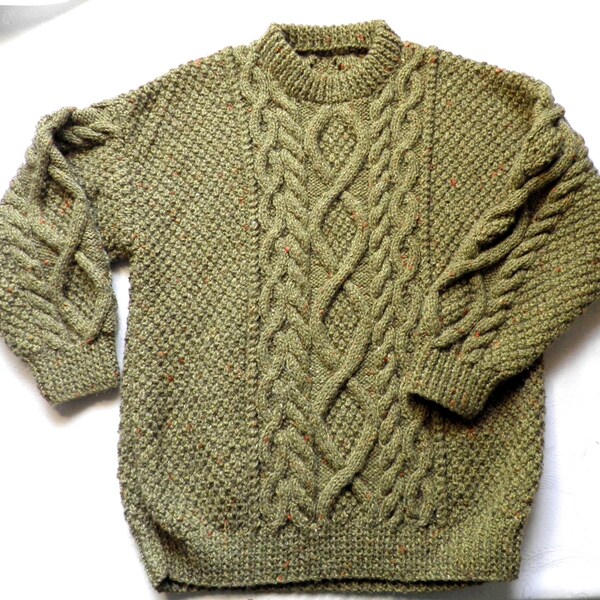 Mossy Green Hand Knit Cable Knit Tweedy Wool Jumper / Sweater Size XXS / Kids 1980s Classic Traditional Aran