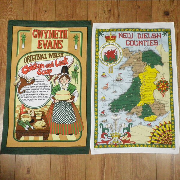 Pair of Vintage Cotton Tea Towels / Dish Cloths  1980s  New Welsh Counties   +  Welsh Chicken and Leek Soup  Gift Present