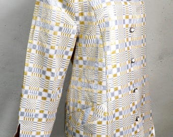 Gold Silver and White Geometric Brocade Vintage Jacket by Willis     1980s  Size L  Sci Fi Disco Lurex