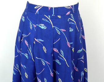 1980s Liberty New Vibrant Blue Floral Cotton Midi Skirt by Thomas and Jonathon Size S UK 10-12 Made in England Classic Country