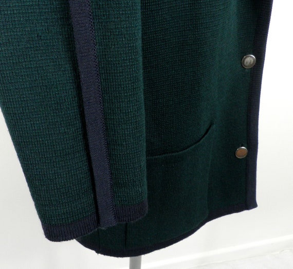 1970s Dark Forest Green and Navy Wool Cardigan wi… - image 7