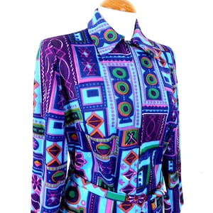1960s Psychedelic Blue and Purple Crimplene Tunic /Blouse with Ties  Size UK 10 - 12  Boho Festival Hippy Acid Rave