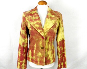 Dusky Pink and Sunset Yellow Reverse Tie Dye Cotton Corduroy Jean Jacket from JUST IZ  Size M UK 12 - 14 Made in Wales Boho Tie Dye Unique