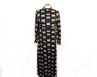 1960s Striking Dark Brown Crimplene A Line Maxi Dress with Bold Rainbow Geometric Design  Size S  UK 10 Boho Swinging Sixties Psychedelic