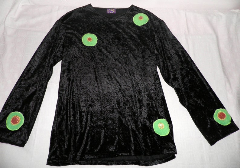 Mens Black Velour Velvet Long Sleeved Top Applique Neon Green Fun Fur Spots Size M / L by Corybant Original One Off image 3