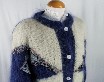 1980s Cream and Dark Blue Textural Hand Knit Mohair Cardigan Jacket with Applique and Beading Size L  Classic Boho Art Jazz